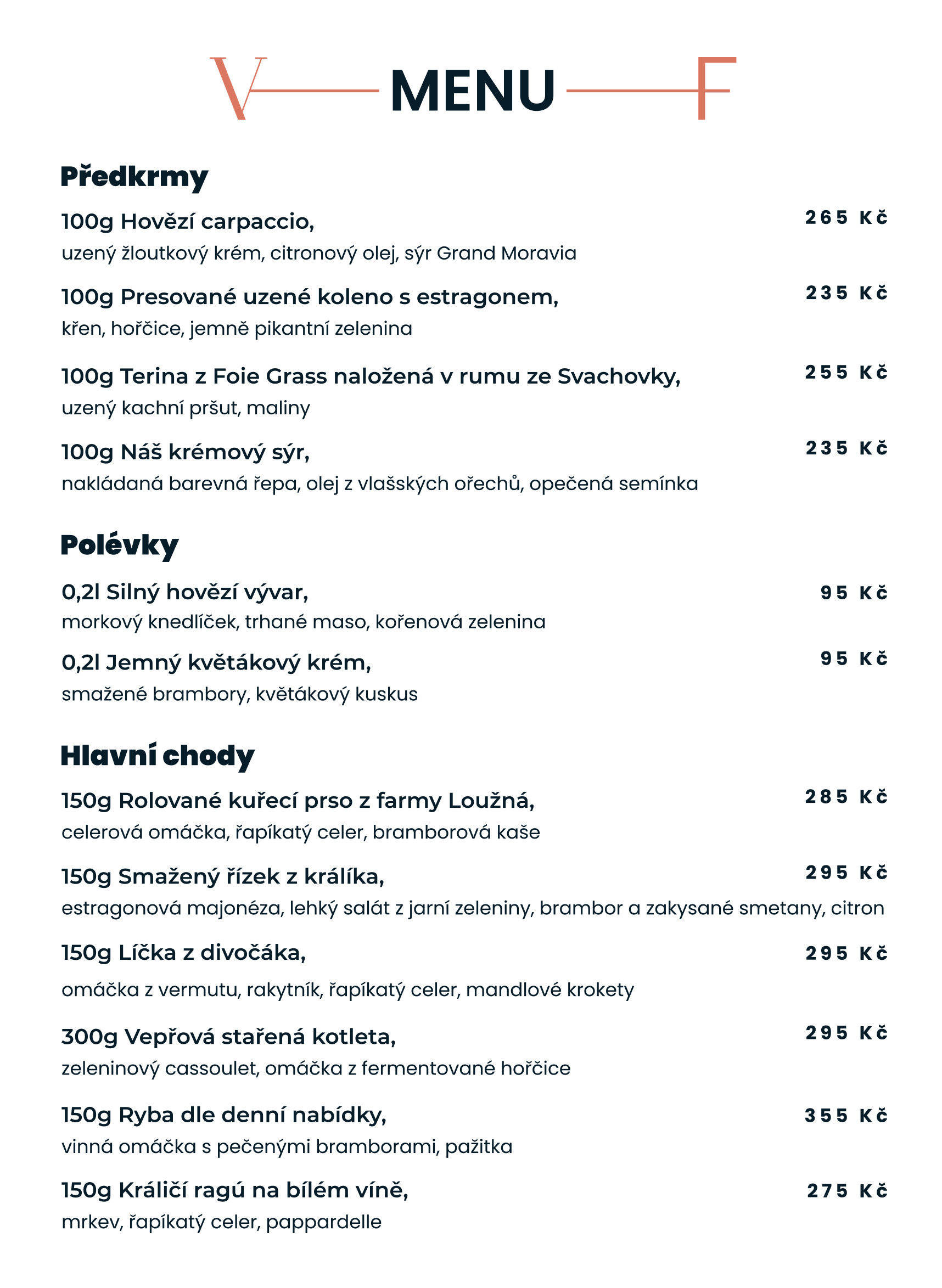 Menu restaurace Villa Fitz