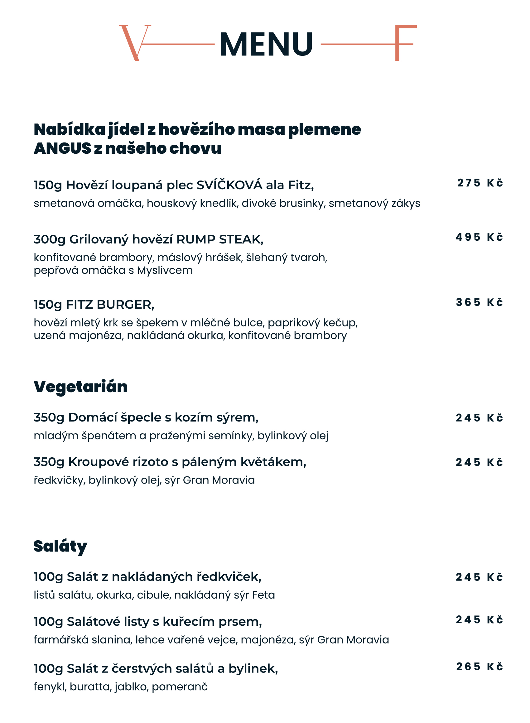 Menu restaurace Villa Fitz